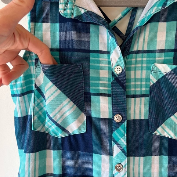 Ardene Plaid Sleeveless Button-Up Tank Top Small Crisscross Back Blue Green Soft - Picture 4 of 11